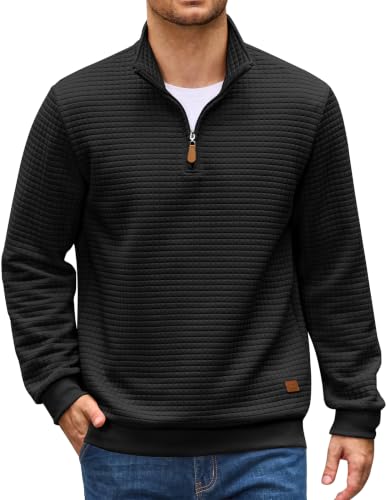 Men's Large Black Quarter Zip Pullover Sweatshirt - Waffle Fleece with Leather Accents