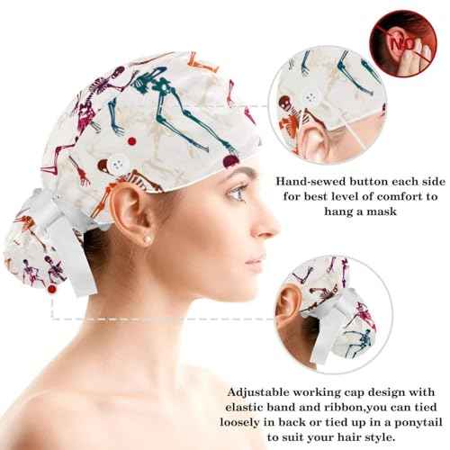 Women Working Cap with Buttons Bouffant Hat Autumn Leaves Nurse Scrub Caps Long Hair