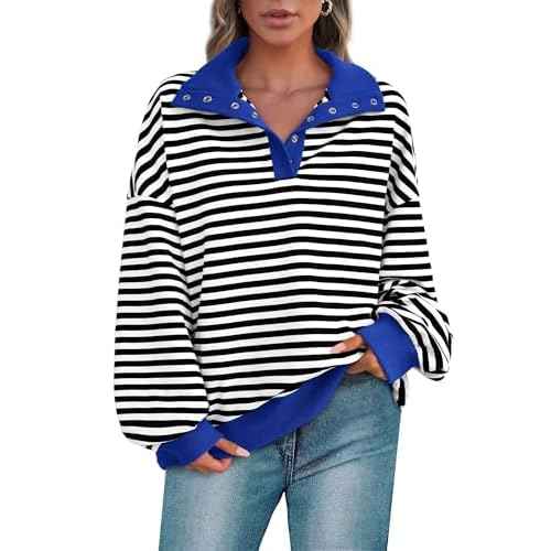 PRETTYGARDEN Women's Oversized Striped Sweatshirts Spring Fall Trendy Casual Long Sleeve Button Up Tops Shirt Preppy Clothes