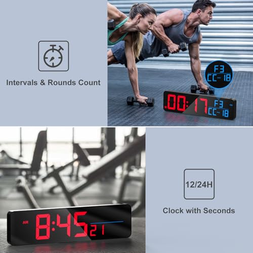Large 15" Gym Timer LED Wall Clock with Blue & Red Variations, Digital Stopwatch & Interval Training
