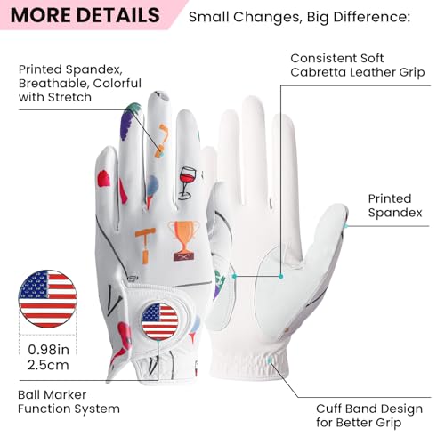 Left Hand Women's Golf Glove with Ball Marker - Wine & Golf Pattern, Medium