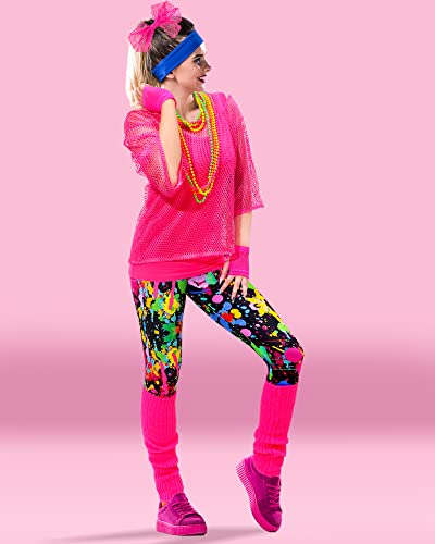 Women 80s Costume Set - Rose Red Splash Printed Outfit - Large