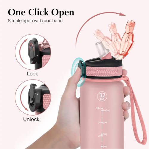 Water Bottle with Straw and Time Marker - 32oz Rose Pink - Portable Hydration