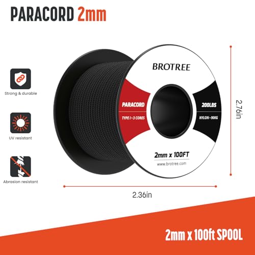 Paracord 2mm Nylon Rope 100ft - Black, Multi-Purpose Utility Cord