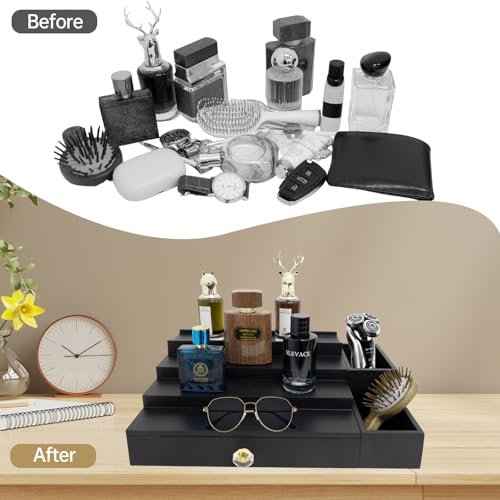 4 Tier Wood Cologne Organizer Stand for Men Wooden Black Perfume Shelf Fragrance Display Risers with Drawer Hidden Compartment Cologne Holder Wood Dresser