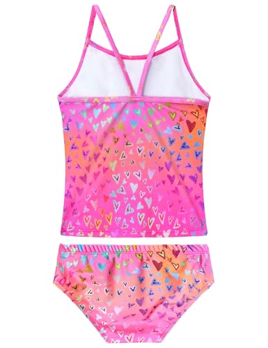 Kids Girls Tankini Swimsuit UPF50+ Ruffle 2-Piece Bathing Suit for Ages 2-14, Pink Yellow, 7-8 Years