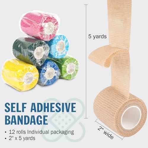 12 Pack Self Adhesive Bandage Wrap, 2" X 5 Yards Color Vet Wrap, Ankle Tape, Elastic Cohesive Bandage Wrap, Athletic Tape
