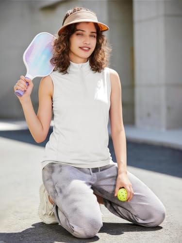 Women Sleeveless Golf Tennis Polo Shirt Spliced Mesh Back UPF 50+ - White Small