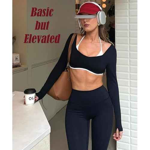 OZICERD Women Backless Long Sleeve Workout Tops Gym Shirt Athletic Clothes Built in Bra Open Back Crop Top Yoga Sport Halter