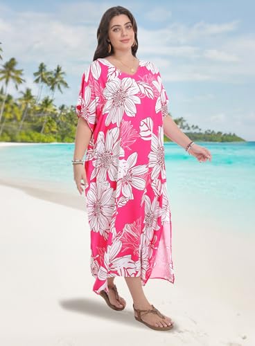 Women's V-Neck Batwing Sleeve Kaftan Dress - Lightweight Beach Cover Up, Hot Pink White Flower, One Size