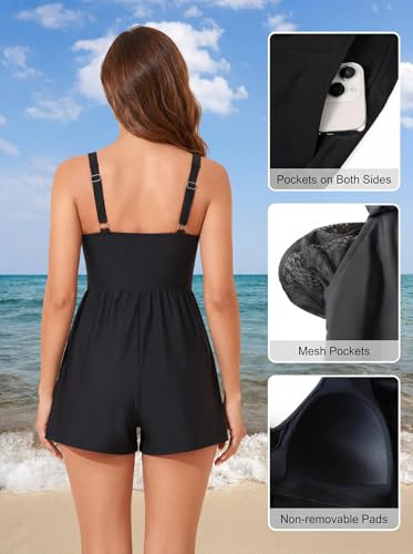 Women’s Black Swim Romper with Tummy Control V-Neck & Shorts - Large