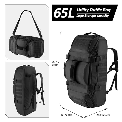 Hannibal Tactical 65L Large Duffle Bag - 3-in-1 MOLLE Backpack for Sports & Outdoor - Black