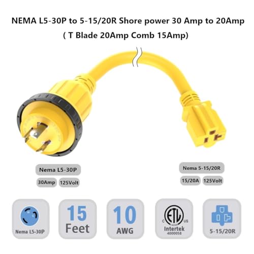 15FT Marine Shore Power Extension Cord - NEMA L5-30P to 5-20R Heavy Duty