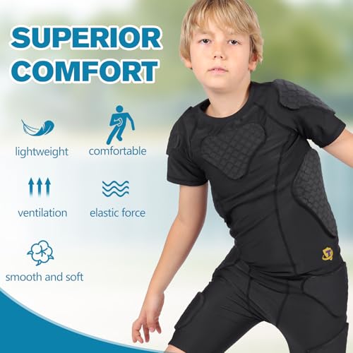 Youth Boys Football Padded Shirt Rib Chest Protector 6-Pads - Black, Large