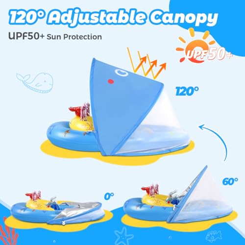 Blue Baby Pool Float with Canopy UPF50+ Adjustable Sun Protection and Safety Seat