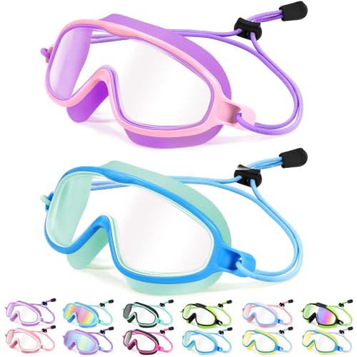 Kids Swim Goggles Wide View Anti-Fog UV Bungee Strap - Light Blue & Purple
