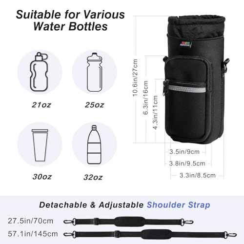 Nuovoware Magnetic Water Bottle Carrier Bag, 25oz/32oz Bottle Pouch Holder, Adjustable Shoulder Strap 2 Pocket Sling Neoprene Sleeve Sports Water Bottle Accessories for Gym Hiking Travelling Camping