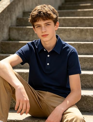 Boys Polo Stripe Shirt Short Sleeve Golf Top Size 5-14 Navy Blue 11-12 Years