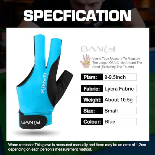 Banly Billiard Pool Gloves Left Hand 3 Finger Blue Small - Snooker Cue Sport