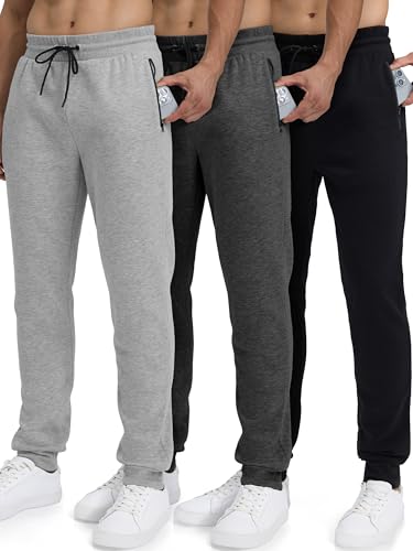 Men's Premium Cotton Sweatpants 3 Pack - Large Black Charcoal Light Gray
