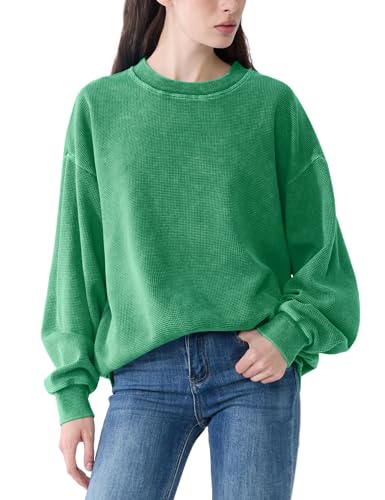 Emerald Acid Wash Sweatshirt Women Oversized Waffle Crewneck - Small