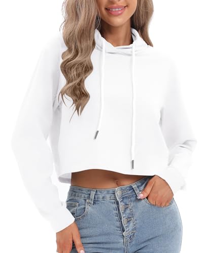 Women's Drawstring Cropped Hoodies for Women Workout Tops Sweatshirt - Large White