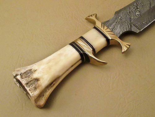 Kidsnado Damascus Steel Hunting Knife 15 Inch Fixed Blade with Camel Bone Handle White