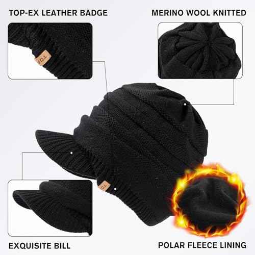 TOP-EX DryKnit¢â Winter Waterproof Merino Wool Visor Beanie Hat with Brim for Men Women, Knit Cap Stocking Warm Fleece Lined