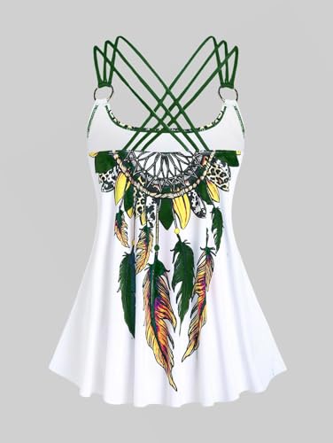 Plus Size Modest Tankini Swimsuit with Feather Strappy Crisscross Design - Green 2X