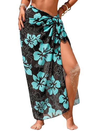 Herseas Women Sheer High Slit Swimsuit Coverup Sarong Chiffon Wrap - One Size Brown Hibiscus