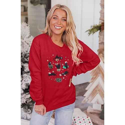Meowy Christmas Sweatshirt for Women Christmas Cat Pullover Cat Lover Christmas Tops Merry Christmas Lights Sweater