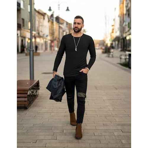 Ekouaer Men's Long Sleeve Shirts Ribbed Pullover Sweater Sim Fit Thermal Tops Crew Neck Stretchy Undershirts