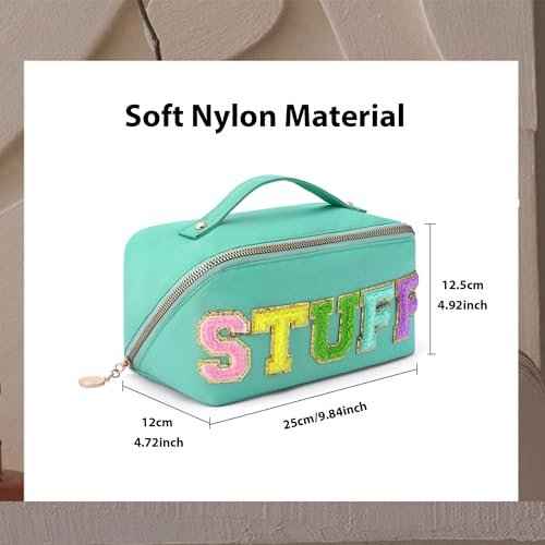 3Pcs Stoney Clover Preppy Makeup Bag, Stuff Bag Travel Makeup Cosmetic Bag, Chenille Letter Patch Open Flat Nylon Pouch, Mixed