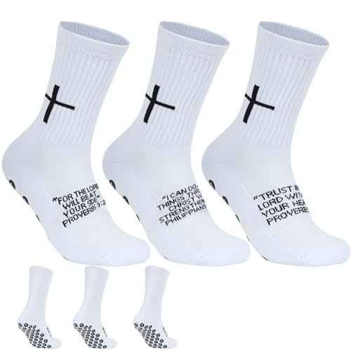 3 Pairs Cross Grip Soccer Socks for US 6-13 - Anti-Slip Christian Socks with Bible Verse