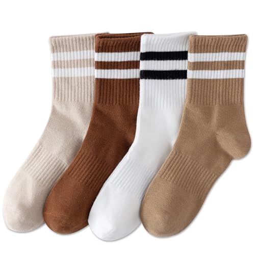 Women’s Striped Cotton Crew Socks - 4 Pairs, Size 5-10, White Coffee Brown Beige
