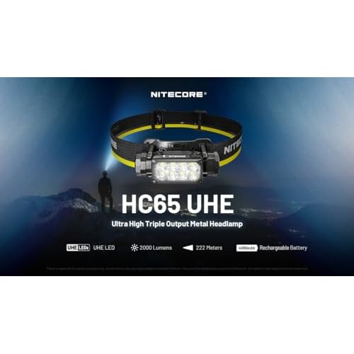 Nitecore HC65 UHE Headlamp, 2000 Lumen Max Heavy Duty Metal, USB-C Rechargeable with White, Red, and Reading Lights for Camping, Hiking, Hunting, and Industrial Works with LumenTac Organizer (Black)