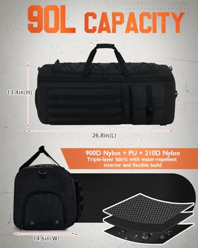 Gonex 90L Large Convertible Duffel Bag - Black Travel Sports Duffle