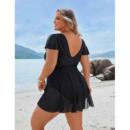 BMJL Women's Plus Size Swimsuit One Piece Tummy Control Bathing Suit Ruffle Sleeve Swim Dress