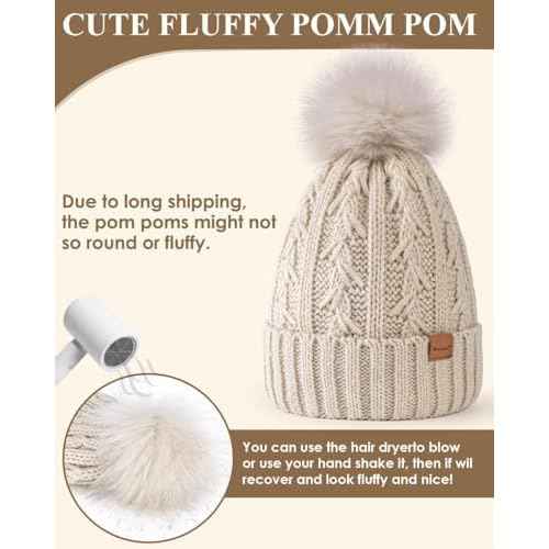 Winuesa Satin Lined Beanie for Women with Pom Pom, Fashionable Womens Winter Hats Silk Beanies, Cute Warm Knit Hat Skull Cap