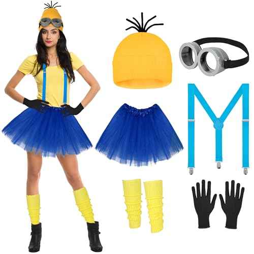 6 Pcs Women's Halloween Costume Accessories Set, Goggles/Yellow Beanie/Blue Dress/Blue Suspenders/Gloves/Yellow Stockings