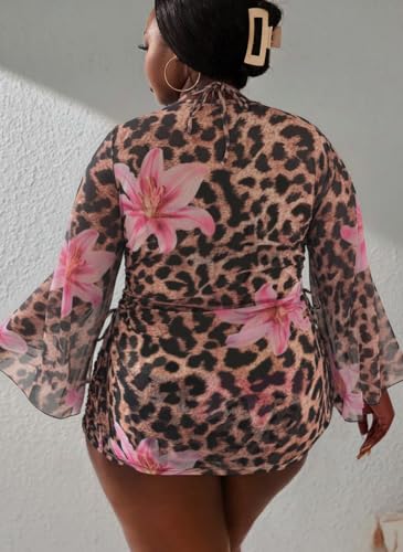 Women's Plus Size Leopard Print Halter Bikini Set 3 Piece Swimsuit with Side Ruched Cover Up XL