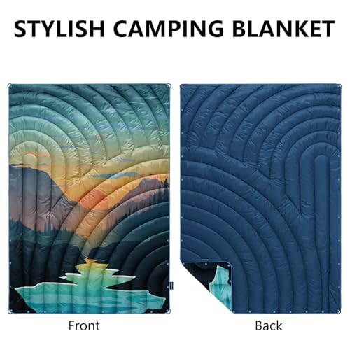 Puffy Camping Blanket - Large 52x75 Inch Outdoor Quilt with Waterproof Coating - Sunset Variation