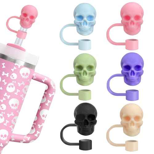 Stanley Cup Skull Straw Toppers - 6pcs Cap Covers for Drinking Straws, Halloween & Christmas Gifts