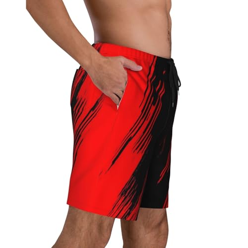 Men's Red Black Medium Swim Trunks with Mesh Lining, Quick-Dry Beach Shorts