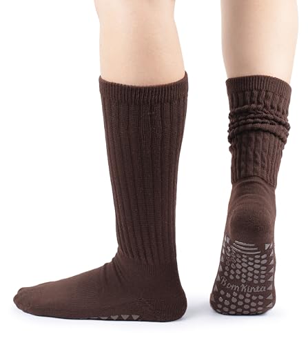 Pilates Socks with Grips for Women - Yoga Slouch Scrunch Socks, 5-11, Beige & Coffee Brown