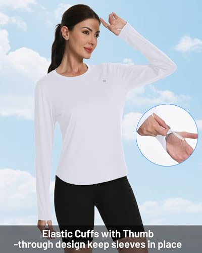 Runhit Women's Sun Shirt Long Sleeve UPF 50+ Rash Guard - Medium White - Lightweight Sun Protection Top for Hiking & Workout