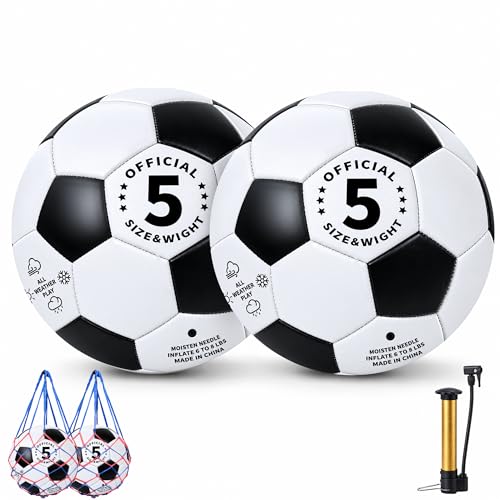 Soccer Ball Set - 2 Size 5 Official Match Balls with Pump & Bags - Black & White