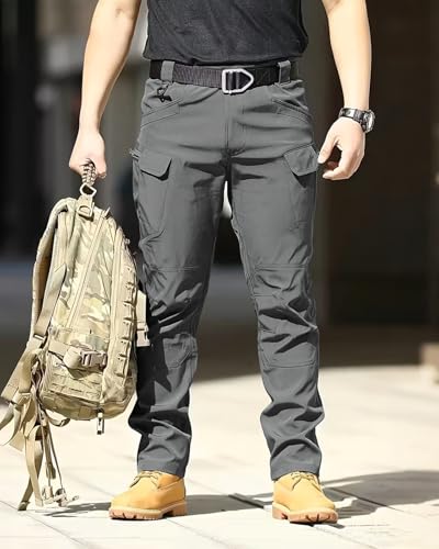 Men's Cargo Tactical Pants Work Hiking Trousers Waterproof Lightweight Elastic Waist - Dark Grey Medium