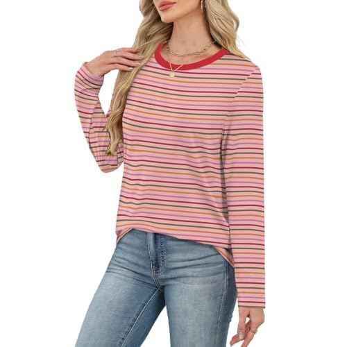 WIHOLL Womens Striped Long Sleeve Shirts Fall Outfits 2025 Color Block Tops Fashion Clothing Ribbed Crewneck Tee Blouses