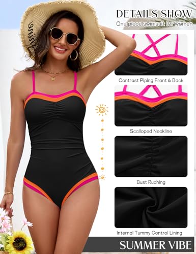 Women's One Piece Swimsuit Color Block Ruched Tummy Control Large Pink-Orange-Black